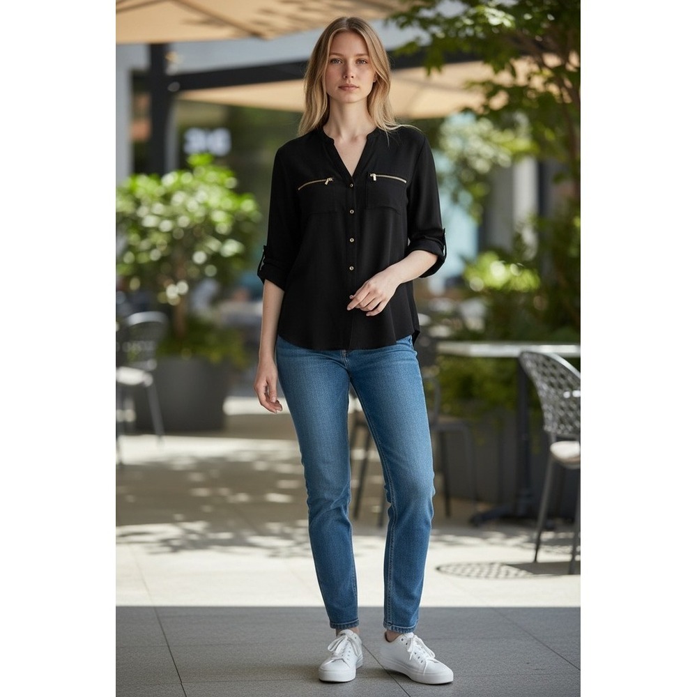 Calvin Klein Blouse Wms S Black Utility Button Front L/S gold hardware old money